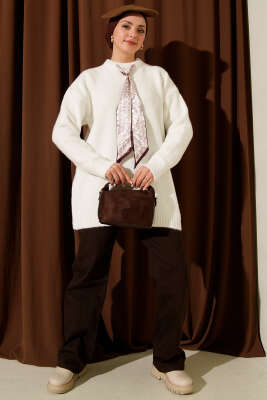 Yaka Fularlı Yumoş Triko Tunik Ekru - Tunik