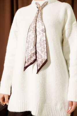 Yaka Fularlı Yumoş Triko Tunik Ekru - Tunik