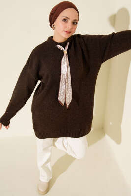 Yaka Fularlı Yumoş Triko Tunik Kahve - VANİZA TRİKO