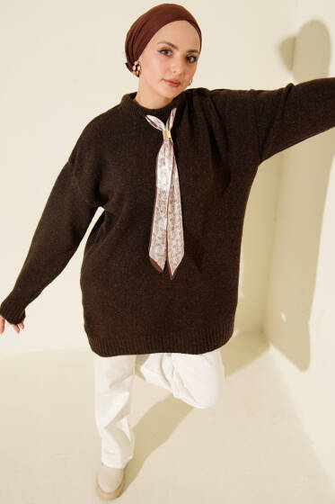 Yaka Fularlı Yumoş Triko Tunik Kahve - Tunik