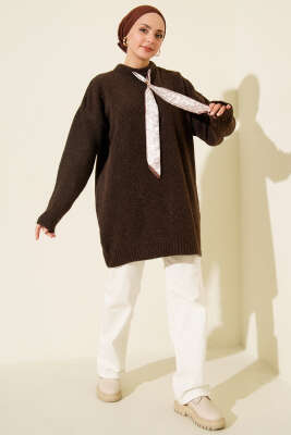 Yaka Fularlı Yumoş Triko Tunik Kahve - Tunik