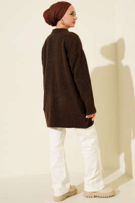 Yaka Fularlı Yumoş Triko Tunik Kahve - Tunik