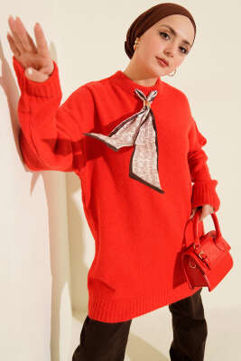 Yaka Fularlı Yumoş Triko Tunik Kırmızı - VANİZA TRİKO