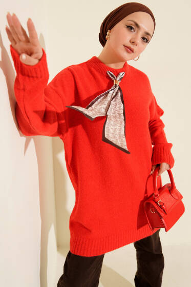 Yaka Fularlı Yumoş Triko Tunik Kırmızı - Tunik