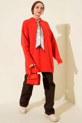 Yaka Fularlı Yumoş Triko Tunik Kırmızı - Tunik