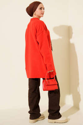 Yaka Fularlı Yumoş Triko Tunik Kırmızı - Tunik