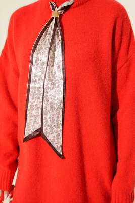 Yaka Fularlı Yumoş Triko Tunik Kırmızı - Tunik