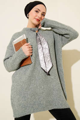 Yaka Fularlı Yumoş Triko Tunik Mint - VANİZA TRİKO