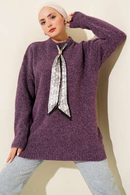 Yaka Fularlı Yumoş Triko Tunik Mor - VANİZA TRİKO