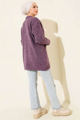 Yaka Fularlı Yumoş Triko Tunik Mor - Tunik