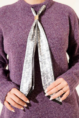 Yaka Fularlı Yumoş Triko Tunik Mor - Tunik