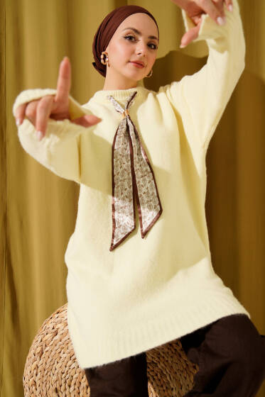Yaka Fularlı Yumoş Triko Tunik Sarı - Tunik
