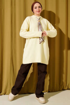 Yaka Fularlı Yumoş Triko Tunik Sarı - Tunik