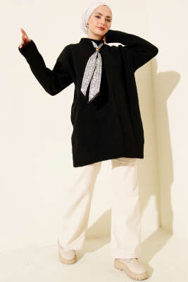 Yaka Fularlı Yumoş Triko Tunik Siyah - Tunik