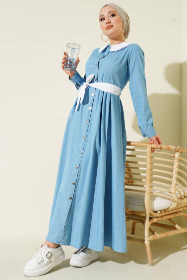 Yaka Garnili Boydan Metal Düğmeli Elbise Açık Mavi - Elbise