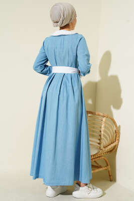 Yaka Garnili Boydan Metal Düğmeli Elbise Açık Mavi - Elbise