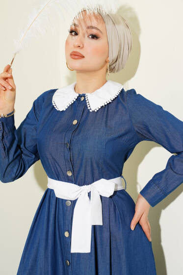 Yaka Garnili Boydan Metal Düğmeli Elbise Mavi - Elbise