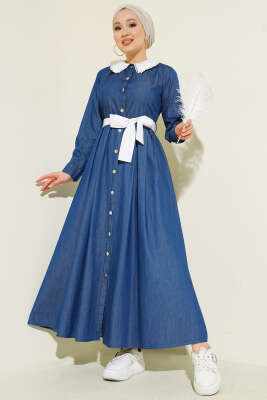 Yaka Garnili Boydan Metal Düğmeli Elbise Mavi - Elbise