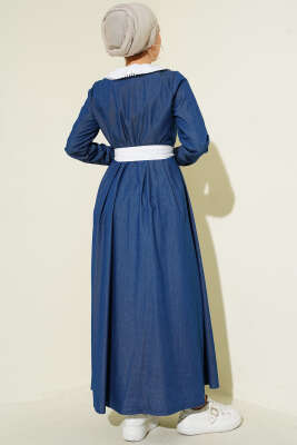 Yaka Garnili Boydan Metal Düğmeli Elbise Mavi - Elbise