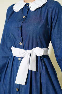 Yaka Garnili Boydan Metal Düğmeli Elbise Mavi - Elbise