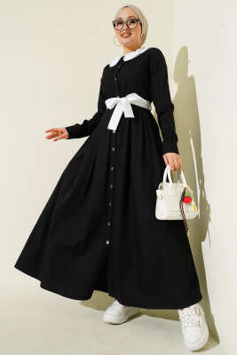 Yaka Garnili Boydan Metal Düğmeli Elbise Siyah - BERAT TEKSTİL