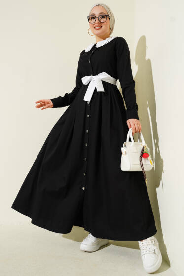 Yaka Garnili Boydan Metal Düğmeli Elbise Siyah - Elbise