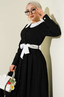 Yaka Garnili Boydan Metal Düğmeli Elbise Siyah - Elbise