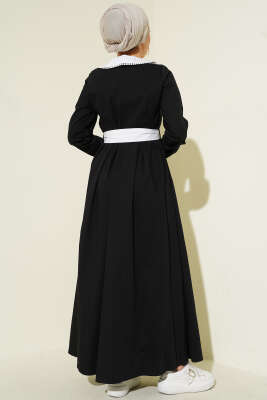 Yaka Garnili Boydan Metal Düğmeli Elbise Siyah - Elbise