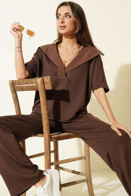 Yaka Garnili Kısa Kol Loyşa İkili Takım Kahve - DİVON