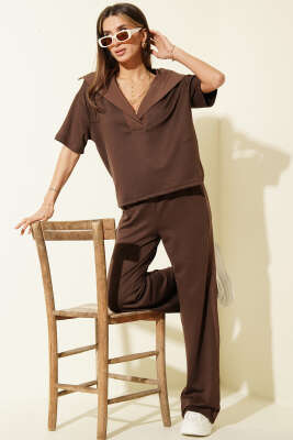 Yaka Garnili Kısa Kol Loyşa İkili Takım Kahve - Kadın Giyim Modelleri