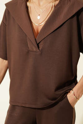 Yaka Garnili Kısa Kol Loyşa İkili Takım Kahve - Kadın Giyim Modelleri