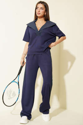 Yaka Garnili Kısa Kol Loyşa İkili Takım Lacivert - Kadın Giyim Modelleri