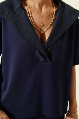 Yaka Garnili Kısa Kol Loyşa İkili Takım Lacivert - Kadın Giyim Modelleri