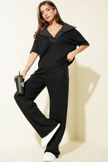 Yaka Garnili Kısa Kol Loyşa İkili Takım Siyah - Kadın Giyim Modelleri