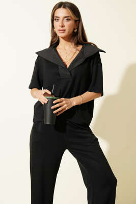 Yaka Garnili Kısa Kol Loyşa İkili Takım Siyah - Kadın Giyim Modelleri