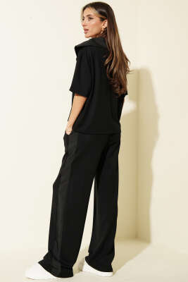 Yaka Garnili Kısa Kol Loyşa İkili Takım Siyah - Kadın Giyim Modelleri