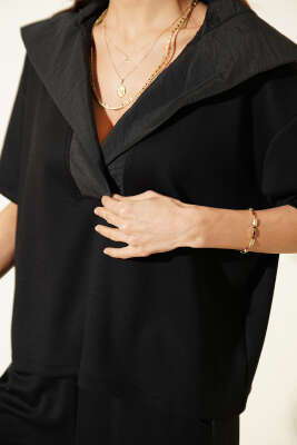 Yaka Garnili Kısa Kol Loyşa İkili Takım Siyah - Kadın Giyim Modelleri