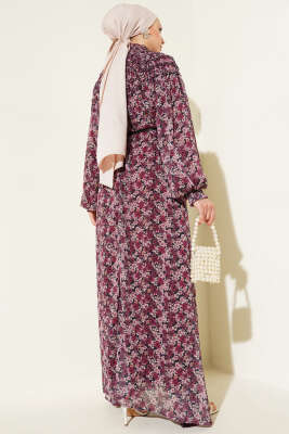 Yaka Gipeli Çiçekli Şifon Elbise Gül Kurusu - Tesettür Elbise