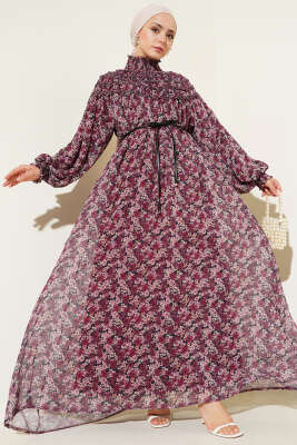 Yaka Gipeli Çiçekli Şifon Elbise Gül Kurusu - Tesettür Elbise