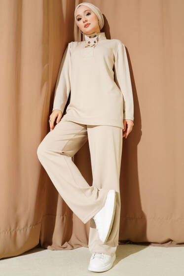 Yaka Gold Düğmeli Loyşa İkili Takım Bej - İkili Takım