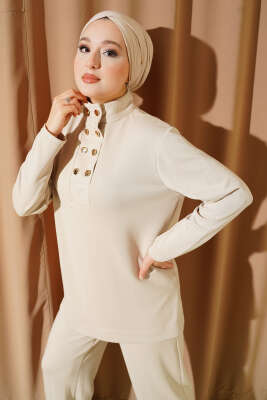 Yaka Gold Düğmeli Loyşa İkili Takım Bej - İkili Takım