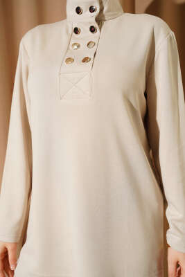 Yaka Gold Düğmeli Loyşa İkili Takım Bej - İkili Takım