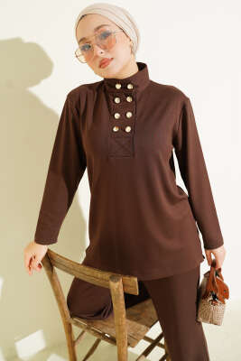 Yaka Gold Düğmeli Loyşa İkili Takım Kahve - İkili Takım