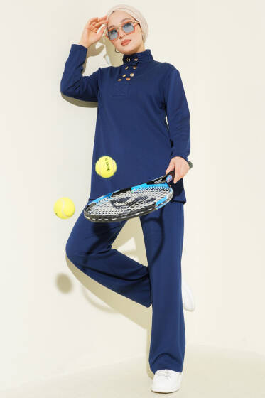 Yaka Gold Düğmeli Loyşa İkili Takım Lacivert - İkili Takım