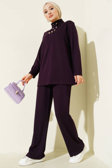Yaka Gold Düğmeli Loyşa İkili Takım Mor - İkili Takım