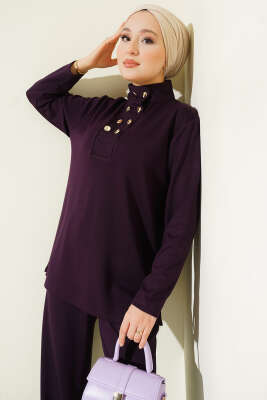 Yaka Gold Düğmeli Loyşa İkili Takım Mor - İkili Takım