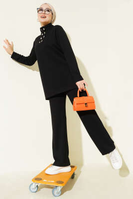 Yaka Gold Düğmeli Loyşa İkili Takım Siyah - FİXAY