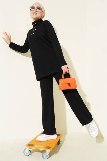 Yaka Gold Düğmeli Loyşa İkili Takım Siyah - İkili Takım