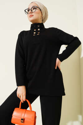 Yaka Gold Düğmeli Loyşa İkili Takım Siyah - İkili Takım