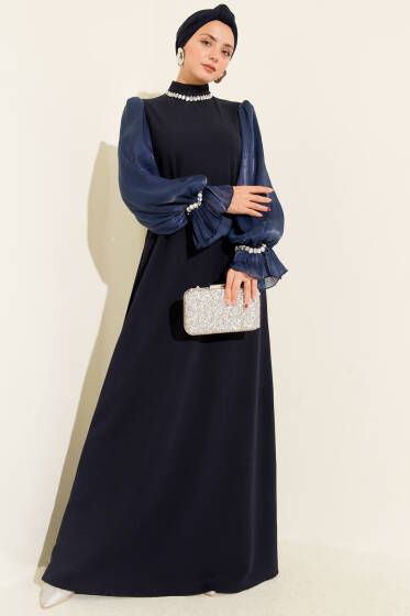 Yaka İnci Detaylı Kuşaklı Abiye Elbise Lacivert - Elbise